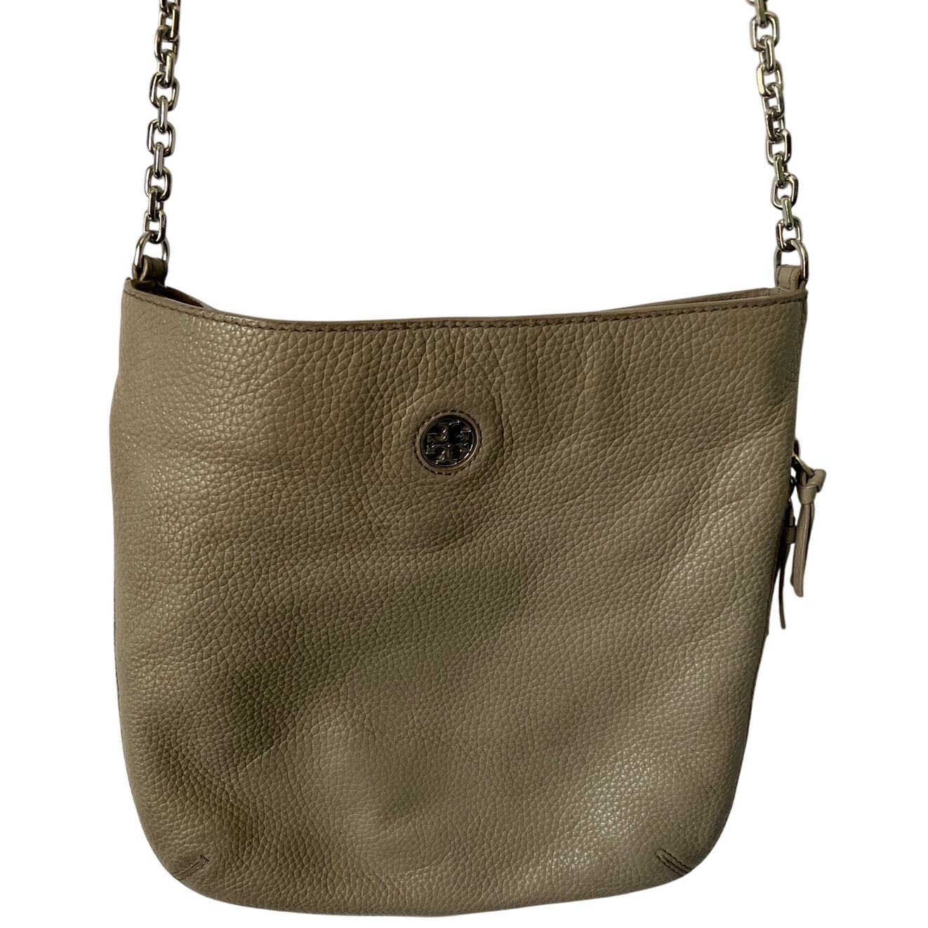 Tori Burch Purse Leather Crossbody Brody Taupe Gray Zip Shoulder Chain Expands